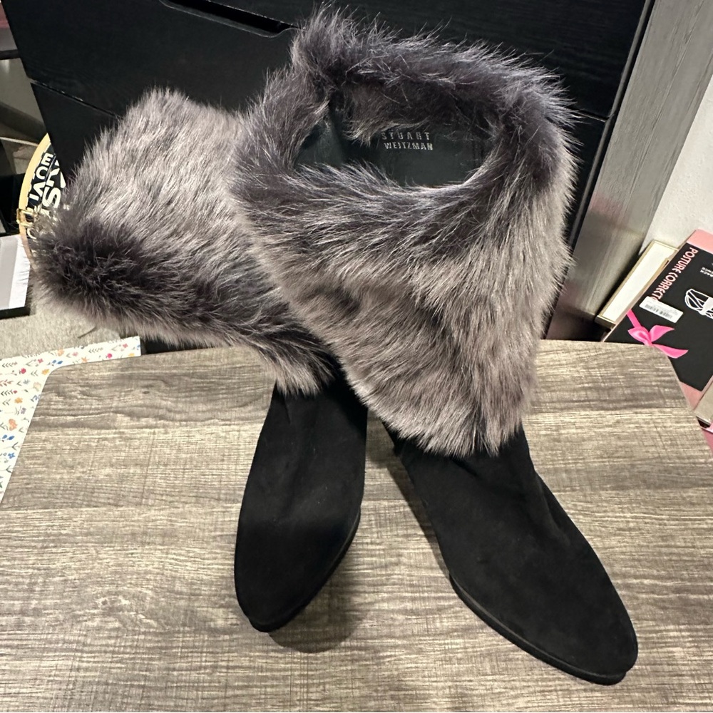 Stuart Weitzman Black Boots with Plush Gray Fur
